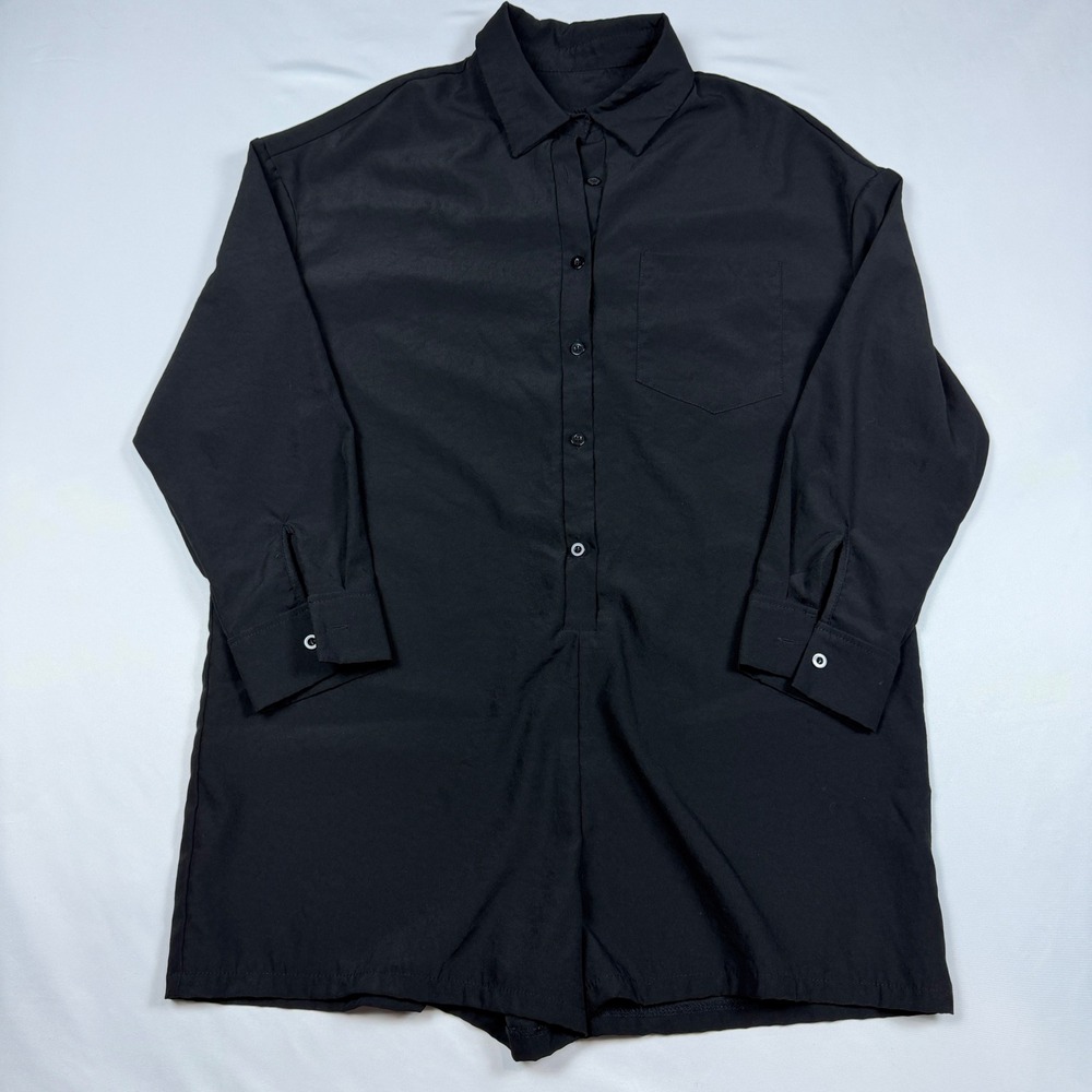 SHEIN Button Down Romper Women S Black Long Sleeve Collared Pocket Utility